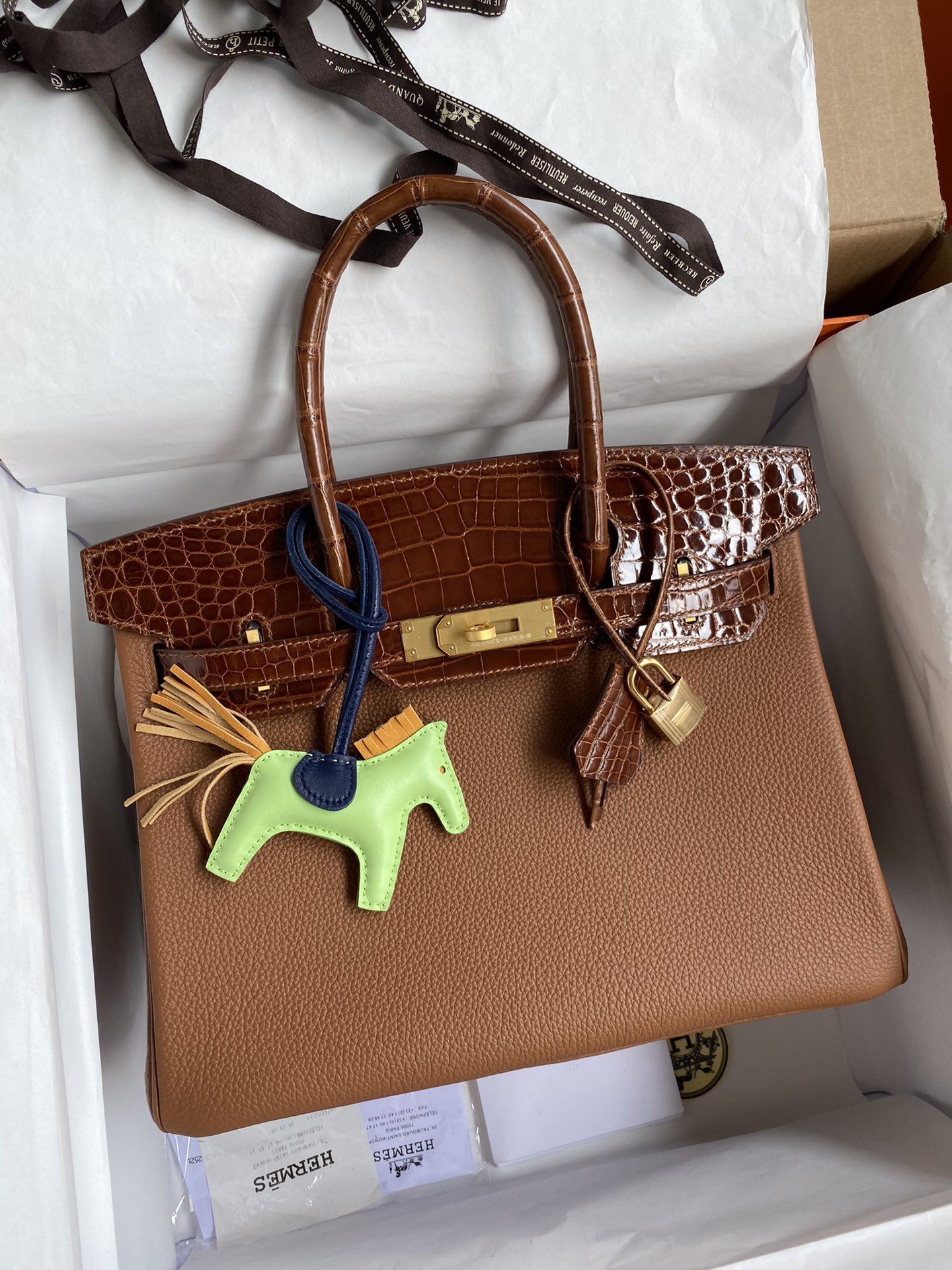 Hermes Touch Birkin 30CM Handbag In Brown Clemence and Shiny Niloticus Crocodile Skin